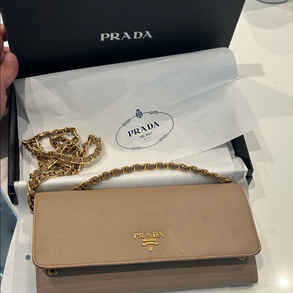 Prada Saffiano CammeoLeather wallet on chain/clutch